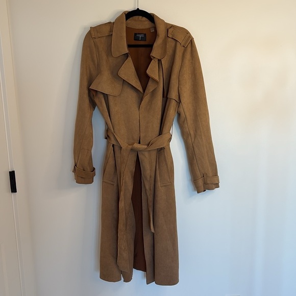 Tahari Faux Suede Open Belted Trench Coat - Picture 2 of 12